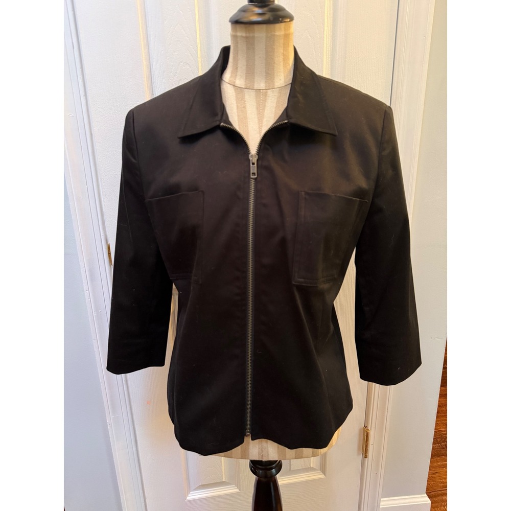 Jones New York Black Zip Up Utility Jacket Size 12 Minimalist 3/4 Sleeve